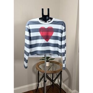 Sundry Heart Graphic Striped Cropped Sweatshirt Navy White Anthropologie Small